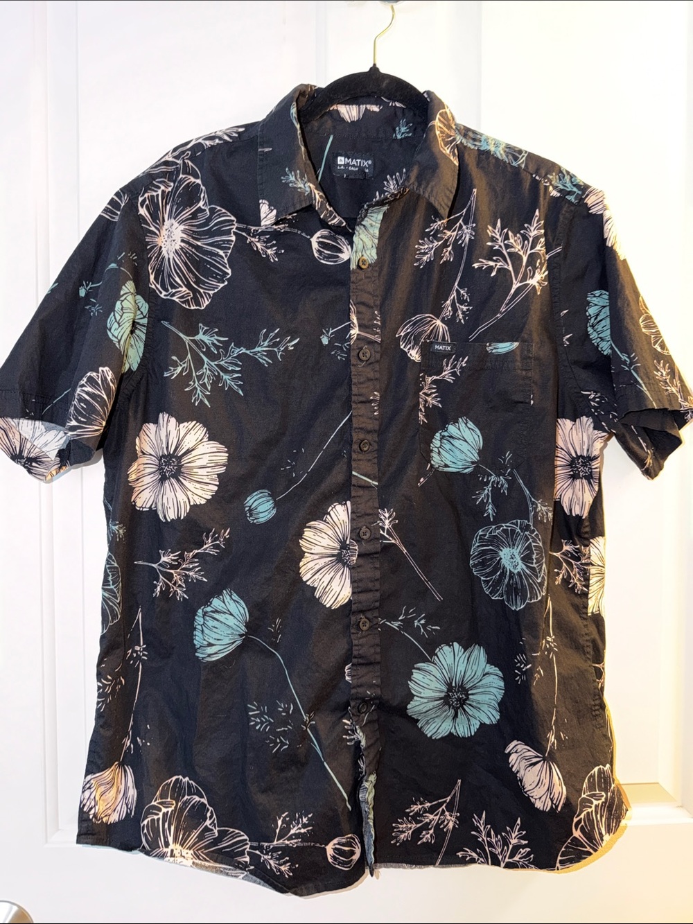 Matix Black Floral Short-Sleeve Button-Down Shirt with Teal and Cream Blooms